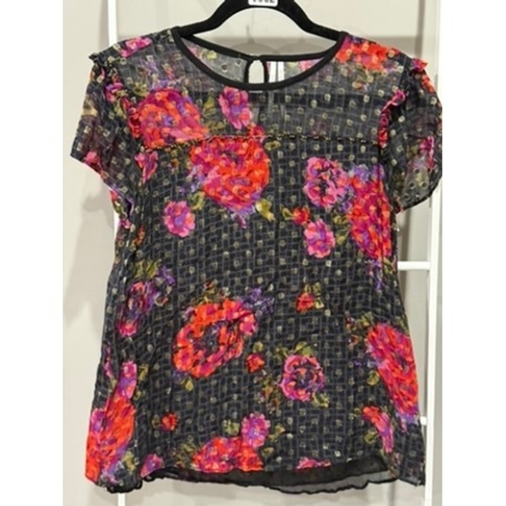 Anthropologie Floral Sheer Blouse Gold Metallic Dot Beaded Boho Feminine Blk 10